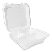 Plastifar Foam Hinged Lid Container, Secure Two Tab Latch, Poly Bag, 3-Compartment, 9 x 9 x 3, White, 100/Bag, 2 Bags/Carton (PST12094)