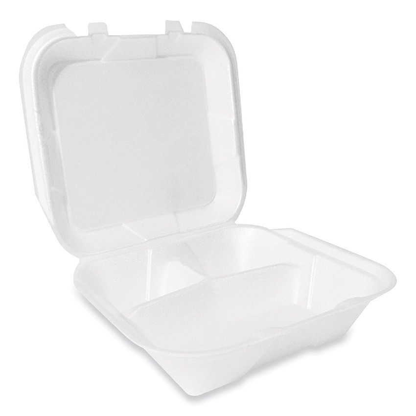 Plastifar Foam Hinged Lid Container, Secure Two Tab Latch, Poly Bag, 3-Compartment, 9 x 9 x 3, White, 100/Bag, 2 Bags/Carton (PST12094)