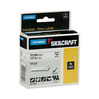 AbilityOne 7530016871404, SKILCRAFT Dymo Industrial Rhino Thermal Vinyl Label Tape Cassettes, 0.5" x 18 ft, Black on White