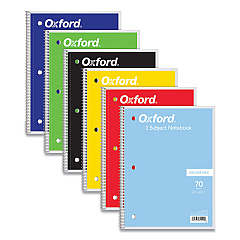 Oxford Coil-Lock Wirebound Notebooks, 3-Hole Punched, 1-Subject, Medium/College Rule, Randomly Assorted Covers, (70) 10.5 x 8 Sheets (OXF65022)