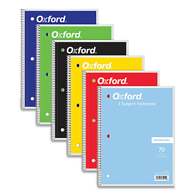 Oxford Coil-Lock Wirebound Notebooks, 3-Hole Punched, 1-Subject, Medium/College Rule, Randomly Assorted Covers, (70) 10.5 x 8 Sheets (OXF65022)