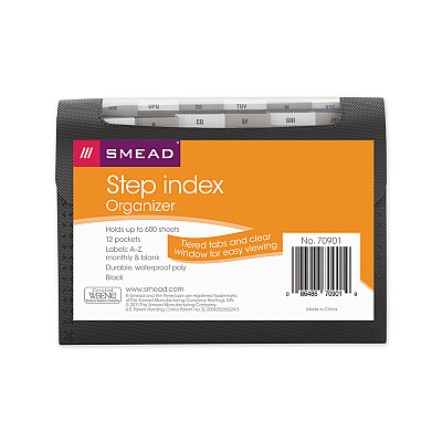 Smead Step Index Organizer, 12 Sections, Cord/Hook Closure, 1/6-Cut Tabs, Letter Size, Black (SMD70901)