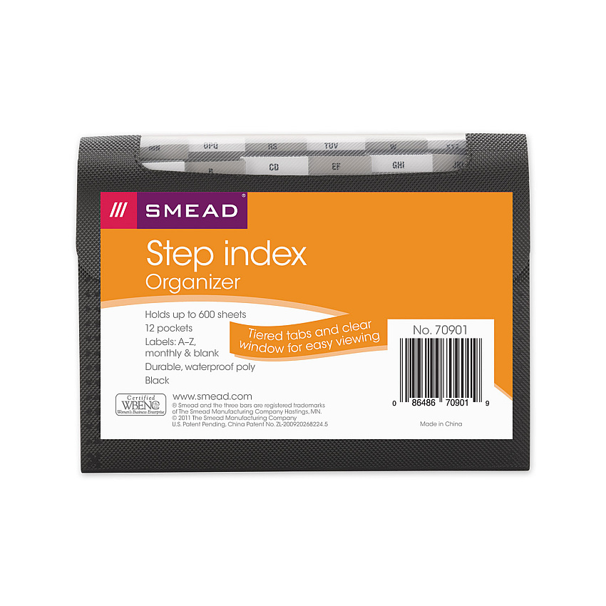 Smead Step Index Organizer, 12 Sections, Cord/Hook Closure, 1/6-Cut Tabs, Letter Size, Black (SMD70901)