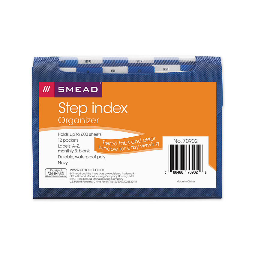 Smead Step Index Organizer, 12 Sections, Cord/Hook Closure, 1/6-Cut Tabs, Letter Size, Navy (SMD70902)
