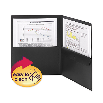 Smead Poly Two-Pocket Folder with Snap Closure Security Pocket, 100-Sheet Capacity, 11 x 8.5, Black, 5/Pack (SMD87700)