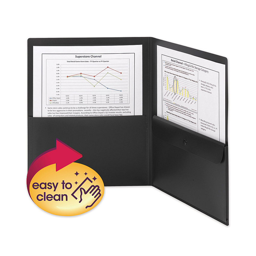 Smead Poly Two-Pocket Folder with Snap Closure Security Pocket, 100-Sheet Capacity, 11 x 8.5, Black, 5/Pack (SMD87700)