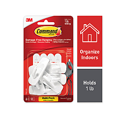 Command General Purpose Hooks, Small, Plastic, White, 1 lb Capacity, 6 Hooks and 12 Strips/Pack (MMM70005128379)