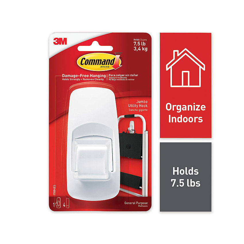 Command General Purpose Hooks, Jumbo, Plastic, White, 7.5 lb Capacity, White, 1 Hook and 4 Strips (MMM70005150993)