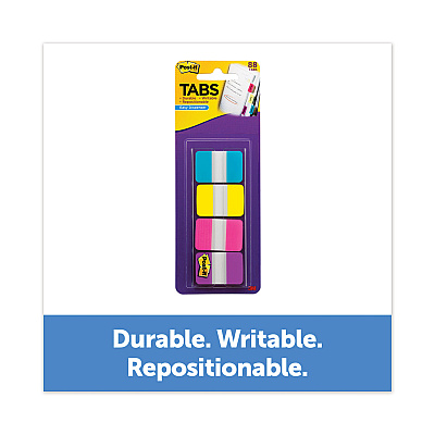Post-it 1" Wide Tabs with Dispenser, Aqua, Pink, Violet, Yellow, 88/Pack (MMM70005179216)