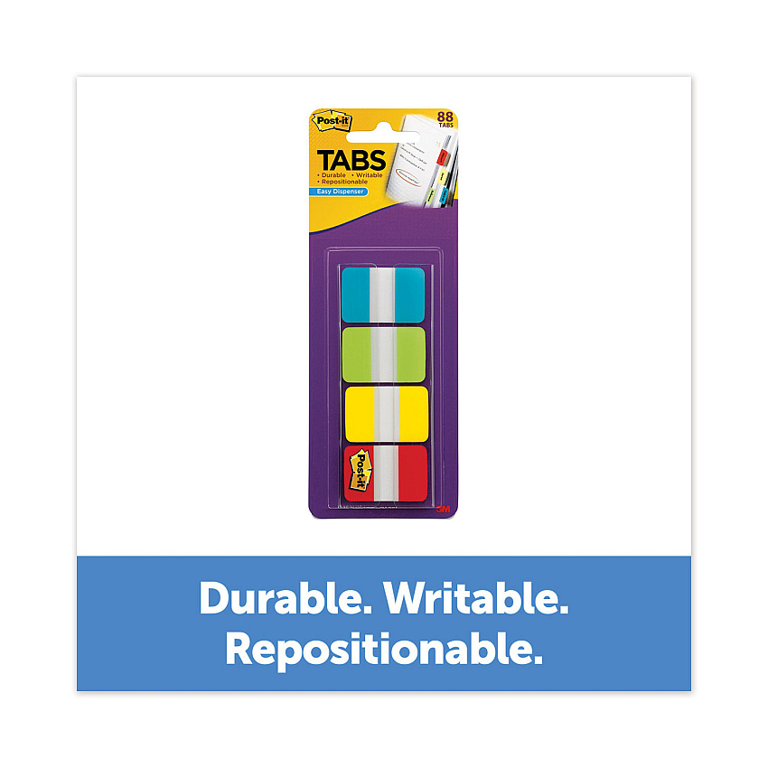 Post-it 1" Wide Tabs with Dispenser, Aqua, Lime, Red, Yellow, 88/Pack (MMM70005179232)