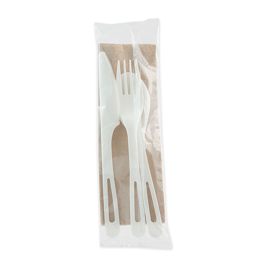 World Centric TPLA Compostable Cutlery, Knife/Fork/Spoon/Napkin, 6", White, 250/Carton (WORASPSTN)