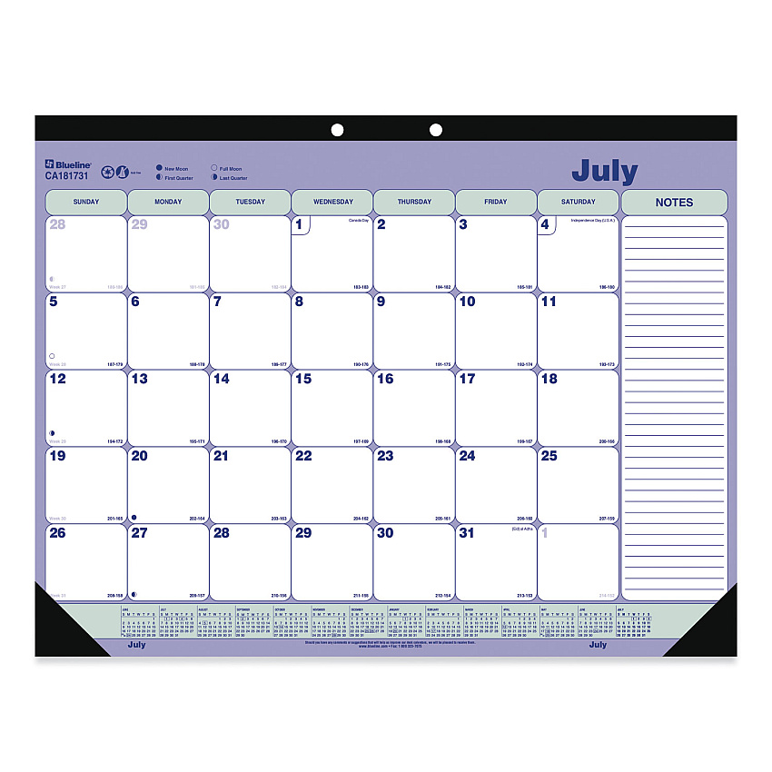 Blueline Academic 13-Month Desk Pad Calendar, 21.25 x 16, White/Blue/Green Sheets, Black Headband, 13-Month: July 2025 to July 2026 (CA181731)