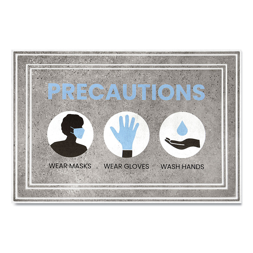 Apache Mills Message Floor Mats, 24 x 36, Gray/Blue, "Precautions Wear Masks Wear Gloves Wash Hands" (APH3984528812X3)