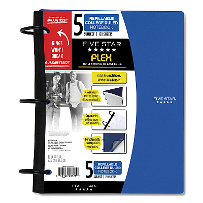 Five Star FLEX Notebook, 5-Subject, Medium/College Rule, Randomly Assorted Cover Color, (150) 11 x 8.5 Sheets (FVS08128)