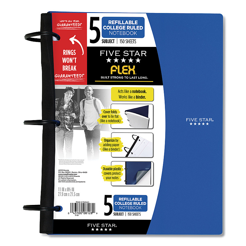 Five Star FLEX Notebook, 5-Subject, Medium/College Rule, Randomly Assorted Cover Color, (150) 11 x 8.5 Sheets (FVS08128)