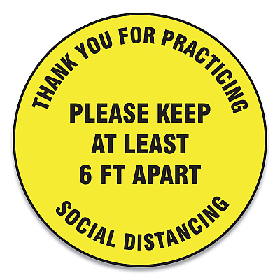 Accuform Slip-Gard Floor Signs, 17" Circle,"Thank You For Practicing Social Distancing Please Keep At Least 6 ft Apart", Yellow, 25/PK (GN1MFS427ESP)