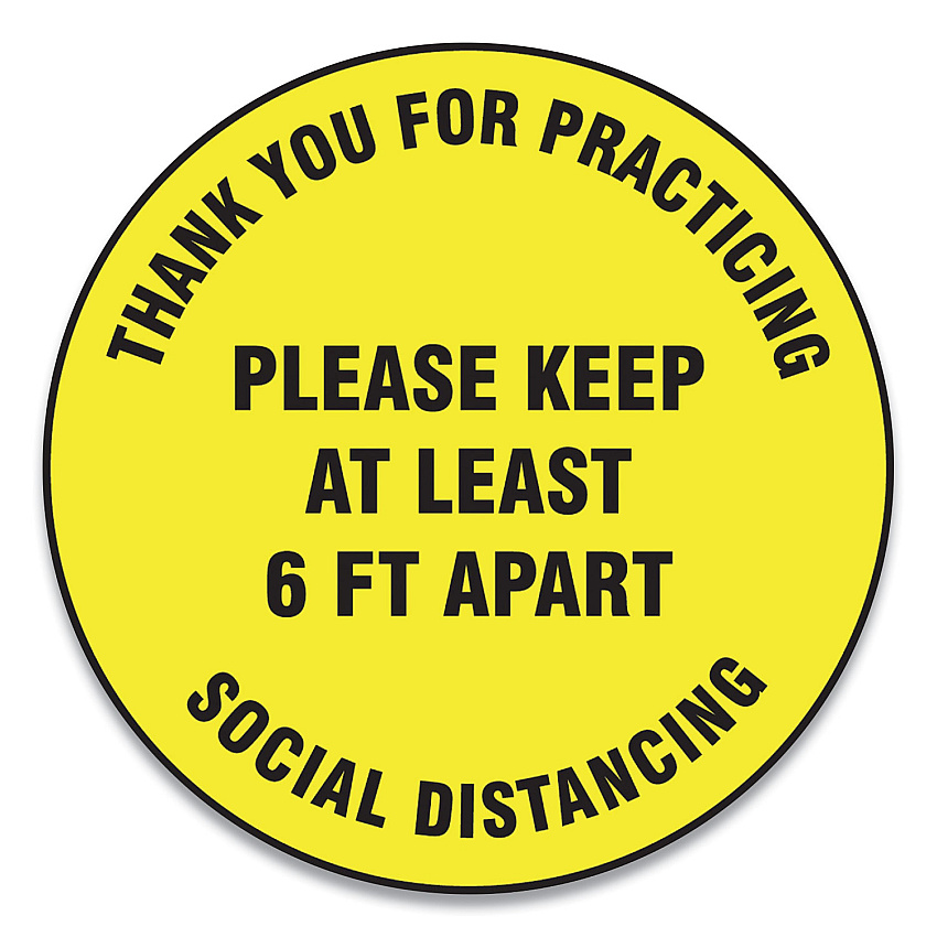 Accuform Slip-Gard Floor Signs, 17" Circle,"Thank You For Practicing Social Distancing Please Keep At Least 6 ft Apart", Yellow, 25/PK (GN1MFS427ESP)