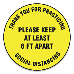 Accuform Slip-Gard Floor Signs, 12" Circle,"Thank You For Practicing Social Distancing Please Keep At Least 6 ft Apart", Yellow, 25/PK (GN1MFS426ESP)