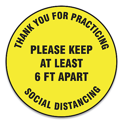 Accuform Slip-Gard Floor Signs, 12" Circle,"Thank You For Practicing Social Distancing Please Keep At Least 6 ft Apart", Yellow, 25/PK (GN1MFS426ESP)