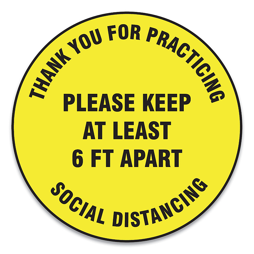 Accuform Slip-Gard Floor Signs, 12" Circle,"Thank You For Practicing Social Distancing Please Keep At Least 6 ft Apart", Yellow, 25/PK (GN1MFS426ESP)