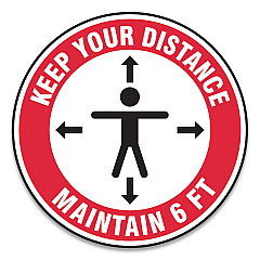 Accuform Slip-Gard Social Distance Floor Signs, 17" Circle, "Keep Your Distance Maintain 6 ft", Human/Arrows, Red/White, 25/Pack (GN1MFS347ESP)