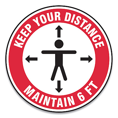 Accuform Slip-Gard Social Distance Floor Signs, 17" Circle, "Keep Your Distance Maintain 6 ft", Human/Arrows, Red/White, 25/Pack (GN1MFS347ESP)