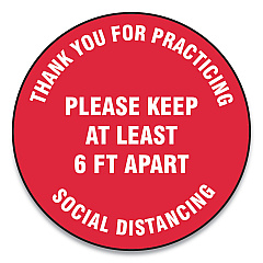 Accuform Slip-Gard Floor Signs, 12" Circle, "Thank You For Practicing Social Distancing Please Keep At Least 6 ft Apart", Red, 25/Pack (GN1MFS422ESP)