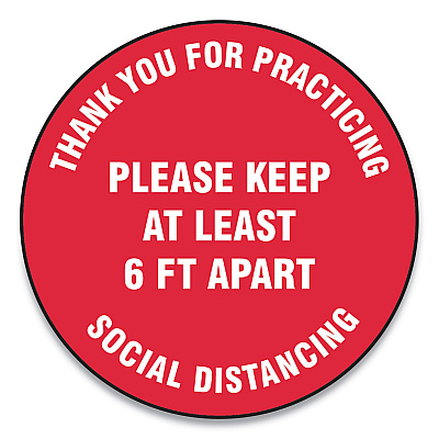 Accuform Slip-Gard Floor Signs, 12" Circle, "Thank You For Practicing Social Distancing Please Keep At Least 6 ft Apart", Red, 25/Pack (GN1MFS422ESP)