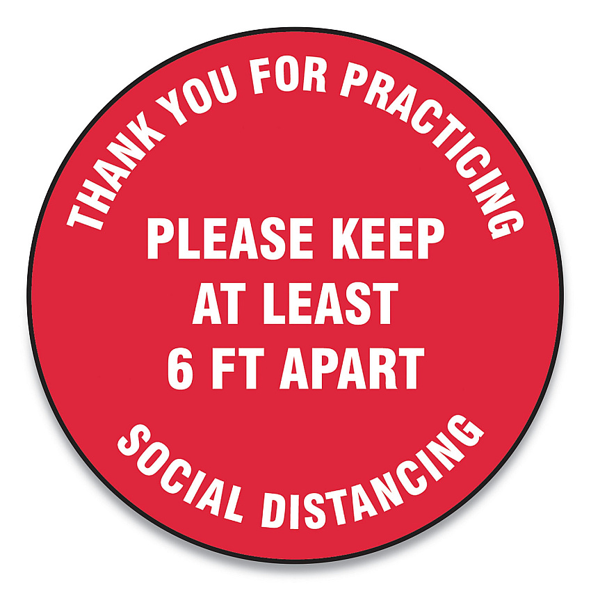Accuform Slip-Gard Floor Signs, 12" Circle, "Thank You For Practicing Social Distancing Please Keep At Least 6 ft Apart", Red, 25/Pack (GN1MFS422ESP)