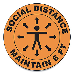 Accuform Slip-Gard Social Distance Floor Signs, 12" Circle, "Social Distance Maintain 6 ft", Human/Arrows, Orange, 25/Pack (GN1MFS380ESP)
