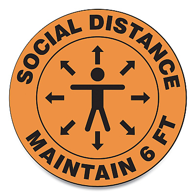 Accuform Slip-Gard Social Distance Floor Signs, 12" Circle, "Social Distance Maintain 6 ft", Human/Arrows, Orange, 25/Pack (GN1MFS380ESP)