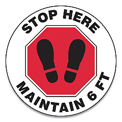 Accuform Slip-Gard Social Distance Floor Signs, 17" Circle, "Stop Here Maintain 6 ft", Footprint, Red/White, 25/Pack (GN1MFS390ESP)