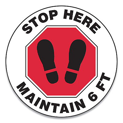 Accuform Slip-Gard Social Distance Floor Signs, 17" Circle, "Stop Here Maintain 6 ft", Footprint, Red/White, 25/Pack (GN1MFS390ESP)