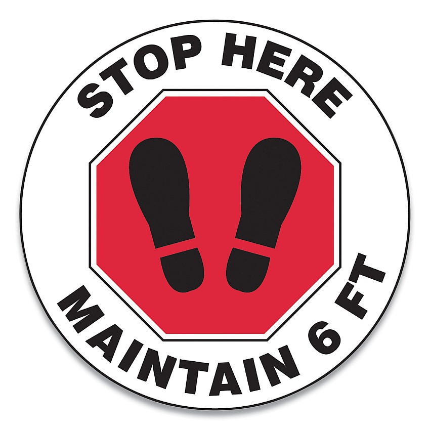 Accuform Slip-Gard Social Distance Floor Signs, 17" Circle, "Stop Here Maintain 6 ft", Footprint, Red/White, 25/Pack (GN1MFS390ESP)