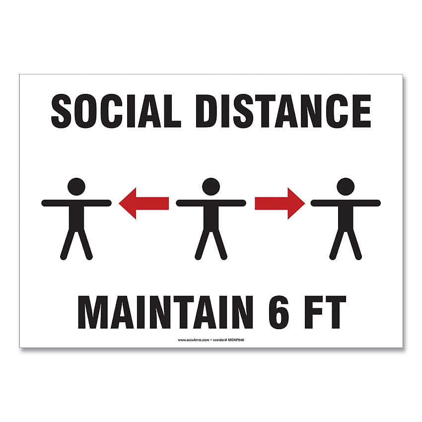 Accuform Social Distance Signs, Wall, 14 x 10, "Social Distance Maintain 6 ft", 3 Humans/Arrows, White, 10/Pack (GN1MGNF546VPESP)