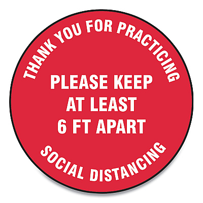 Accuform Slip-Gard Floor Signs, 17" Circle, "Thank You For Practicing Social Distancing Please Keep At Least 6 ft Apart", Red, 25/Pack (GN1MFS423ESP)