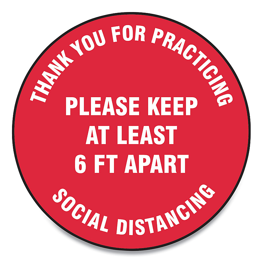 Accuform Slip-Gard Floor Signs, 17" Circle, "Thank You For Practicing Social Distancing Please Keep At Least 6 ft Apart", Red, 25/Pack (GN1MFS423ESP)