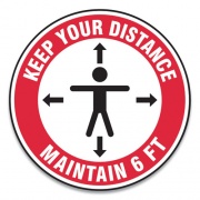 Accuform Slip-Gard Social Distance Floor Signs, 12" Circle, "Keep Your Distance Maintain 6 ft", Human/Arrows, Red/White, 25/Pack (MFS345ESP)