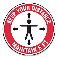 Accuform Slip-Gard Social Distance Floor Signs, 12" Circle, "Keep Your Distance Maintain 6 ft", Human/Arrows, Red/White, 25/Pack (GN1MFS345ESP)