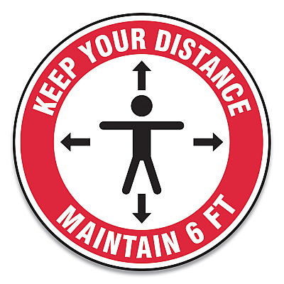 Accuform Slip-Gard Social Distance Floor Signs, 12" Circle, "Keep Your Distance Maintain 6 ft", Human/Arrows, Red/White, 25/Pack (GN1MFS345ESP)