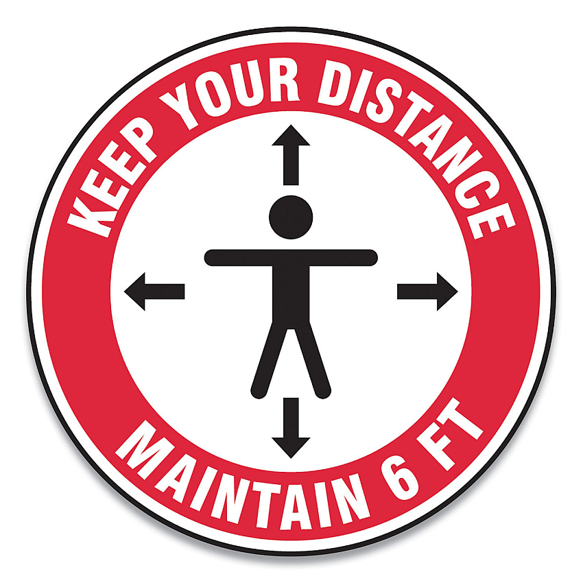 Accuform Slip-Gard Social Distance Floor Signs, 12" Circle, "Keep Your Distance Maintain 6 ft", Human/Arrows, Red/White, 25/Pack (GN1MFS345ESP)