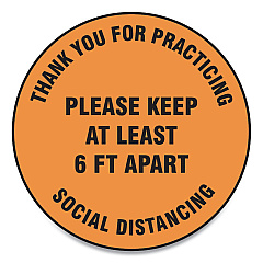 Accuform Slip-Gard Floor Signs, 12" Circle,"Thank You For Practicing Social Distancing Please Keep At Least 6 ft Apart", Orange, 25/PK (GN1MFS428ESP)