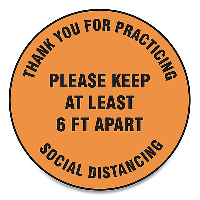 Accuform Slip-Gard Floor Signs, 12" Circle,"Thank You For Practicing Social Distancing Please Keep At Least 6 ft Apart", Orange, 25/PK (GN1MFS428ESP)