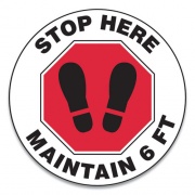 Accuform Slip-Gard Social Distance Floor Signs, 12" Circle, "Stop Here Maintain 6 ft", Footprint, Red/White, 25/Pack (MFS388ESP)