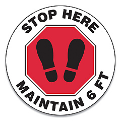 Accuform Slip-Gard Social Distance Floor Signs, 12" Circle, "Stop Here Maintain 6 ft", Footprint, Red/White, 25/Pack (GN1MFS388ESP)