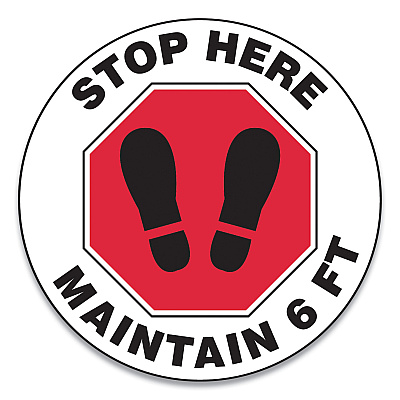 Accuform Slip-Gard Social Distance Floor Signs, 12" Circle, "Stop Here Maintain 6 ft", Footprint, Red/White, 25/Pack (GN1MFS388ESP)