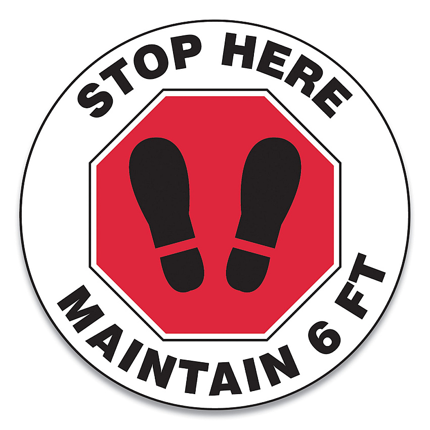 Accuform Slip-Gard Social Distance Floor Signs, 12" Circle, "Stop Here Maintain 6 ft", Footprint, Red/White, 25/Pack (GN1MFS388ESP)