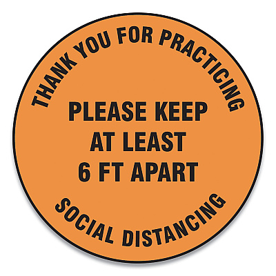 Accuform Slip-Gard Floor Signs, 17" Circle,"Thank You For Practicing Social Distancing Please Keep At Least 6 ft Apart", Orange, 25/PK (GN1MFS429ESP)