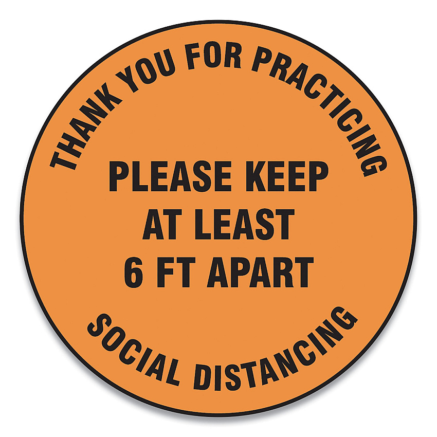 Accuform Slip-Gard Floor Signs, 17" Circle,"Thank You For Practicing Social Distancing Please Keep At Least 6 ft Apart", Orange, 25/PK (GN1MFS429ESP)