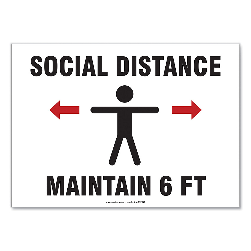 Accuform Social Distance Signs, Wall, 14 x 10, "Social Distance Maintain 6 ft", Human/Arrows, White, 10/Pack (GN1MGNF542VPESP)